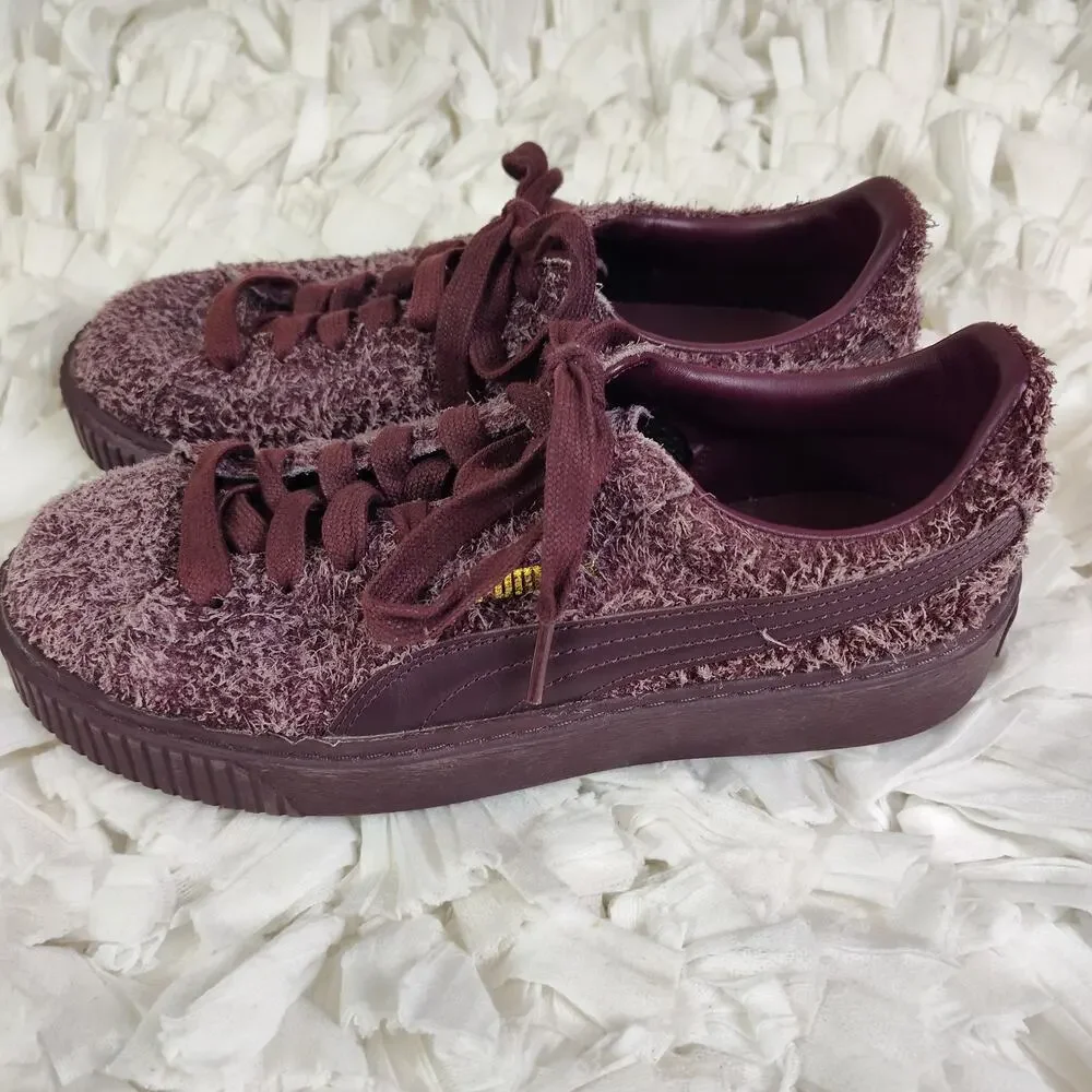 Puma Platform Shoes Womens Size 8 Purple Fuzzy Leather Low Top Sneakers